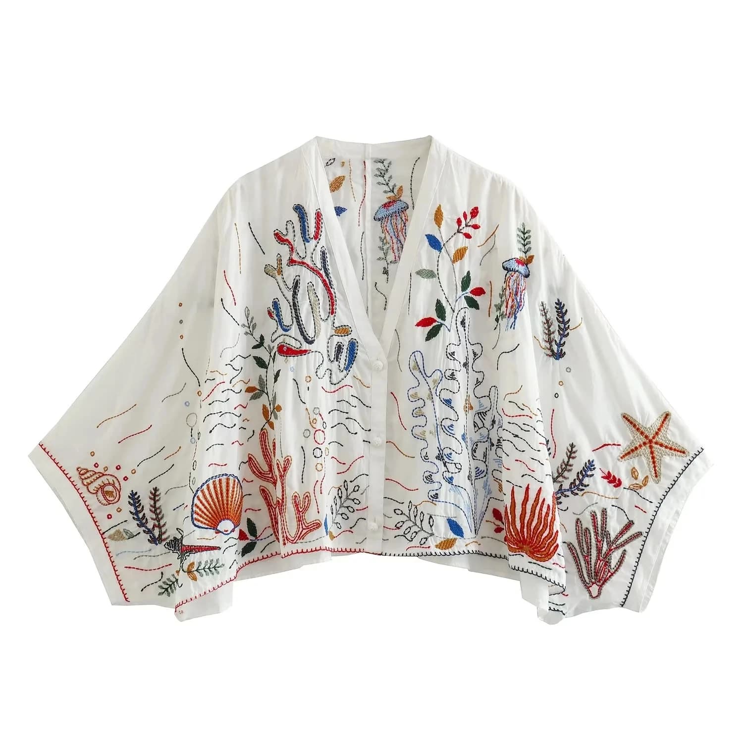 Mini jupe imprimée cachemire brodée pour femme, manches chauve-souris, col en V, bouton à plusieurs 