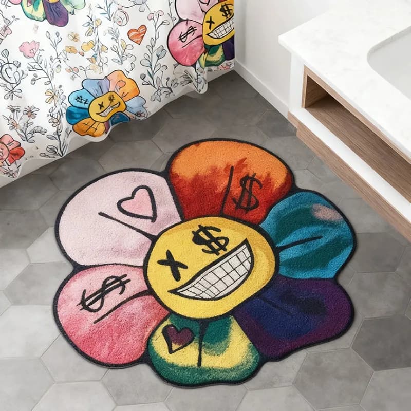 Tapis tournesol avec yeux en signe de dollar, visage souriant, motif floral dégradé style rue améric