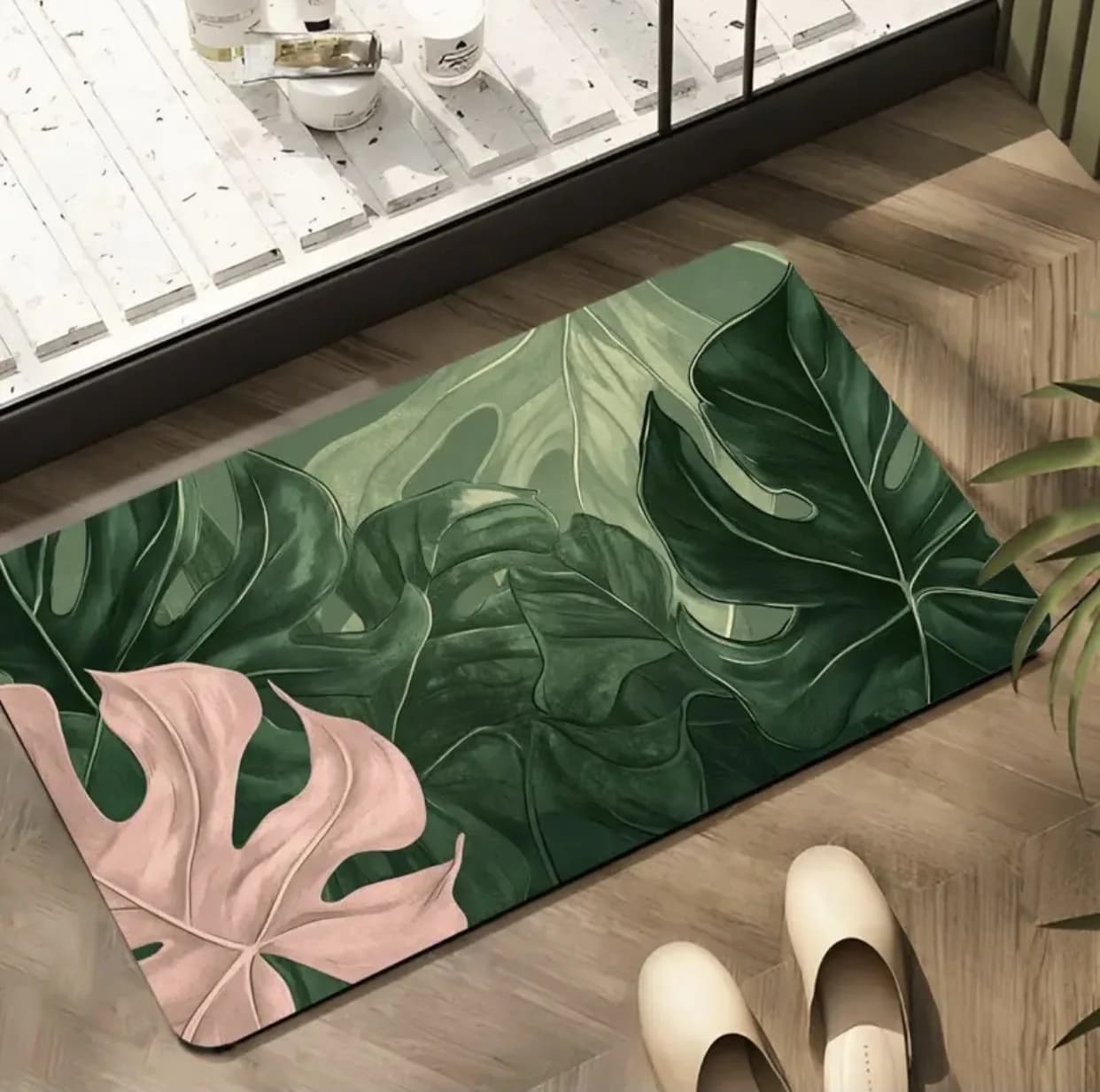Tapis de sol visuel tridimensionnel plante verte, salle de bain, cuisine, antidérapant, absorbant, p