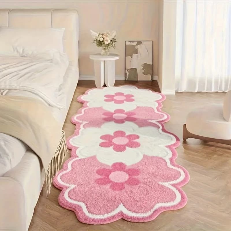 VIKAMA Tapis de chevet en forme de fleur rose, tapis de chambre doux et moelleux antidérapant, tapis