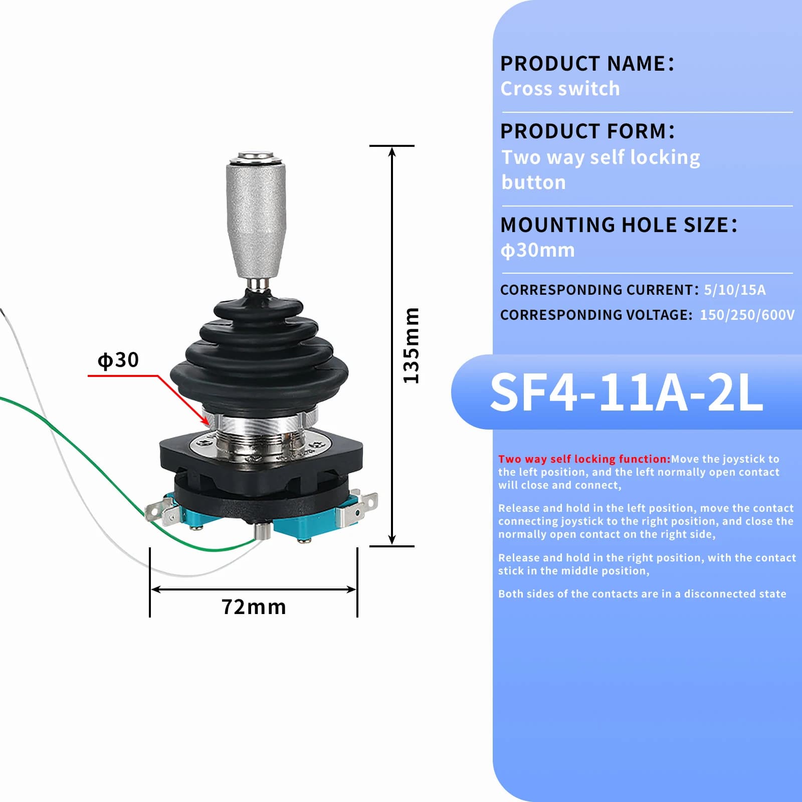 1 interrupteur joystick de 30 mm avec bouton poussoir, momentané/autobloquant, 4 positions 4NO/2 pos