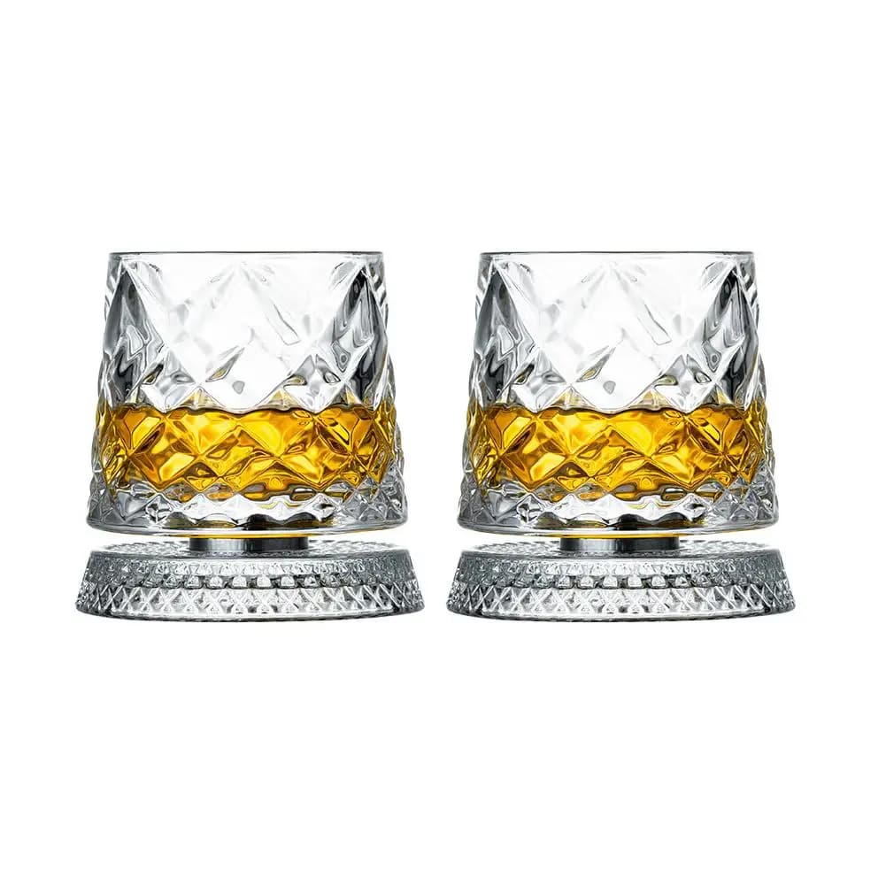 Verres à whisky rotatifs avec Base en verre, 2 pièces, verres à rhum en cristal rotatif à 360 degrés