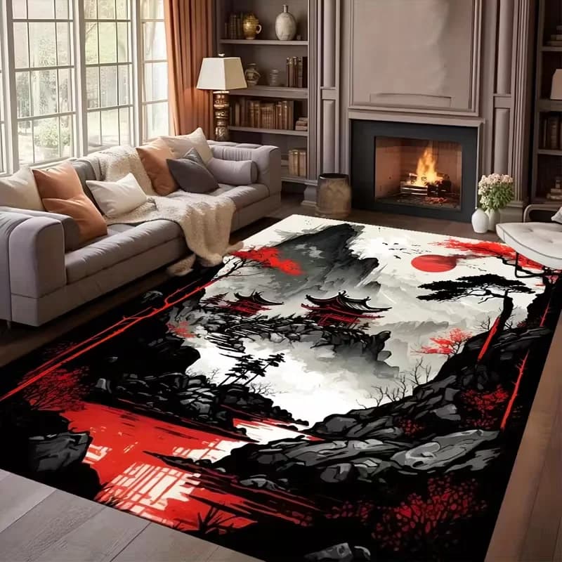 Tapis corbeau soleil rouge et samouraï japonais, peinture à l'encre, pour salon, chambre à coucher, 