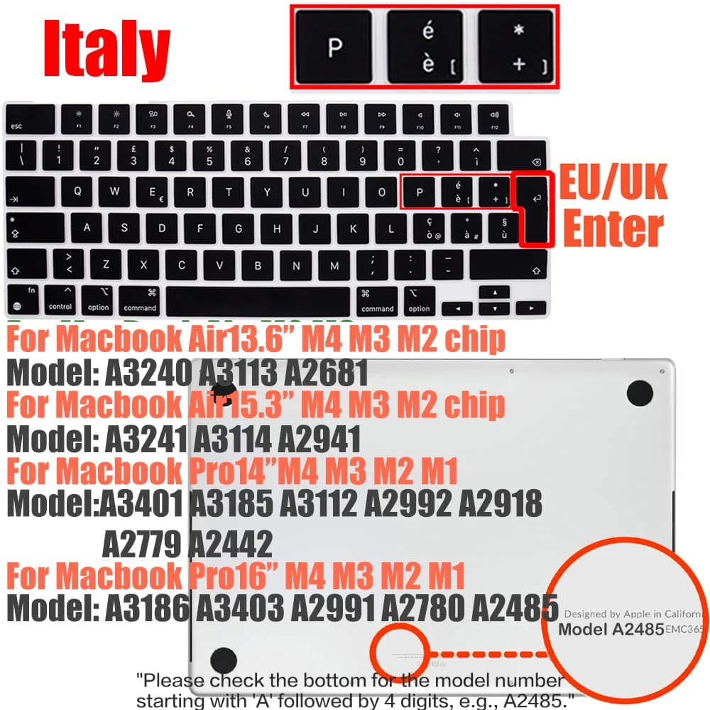 Italien pour MacBook Pro 14 & 16/Air 13 & 15 pouces disposition du clavier italien couverture en Sil