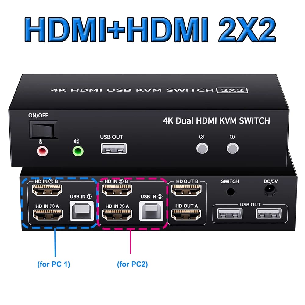 Commutateur KVM HDMI DisplayPort pour moniteur touristique, 4K, 60Hz, 2x2, HDMI 2.0, USB, mode miroi