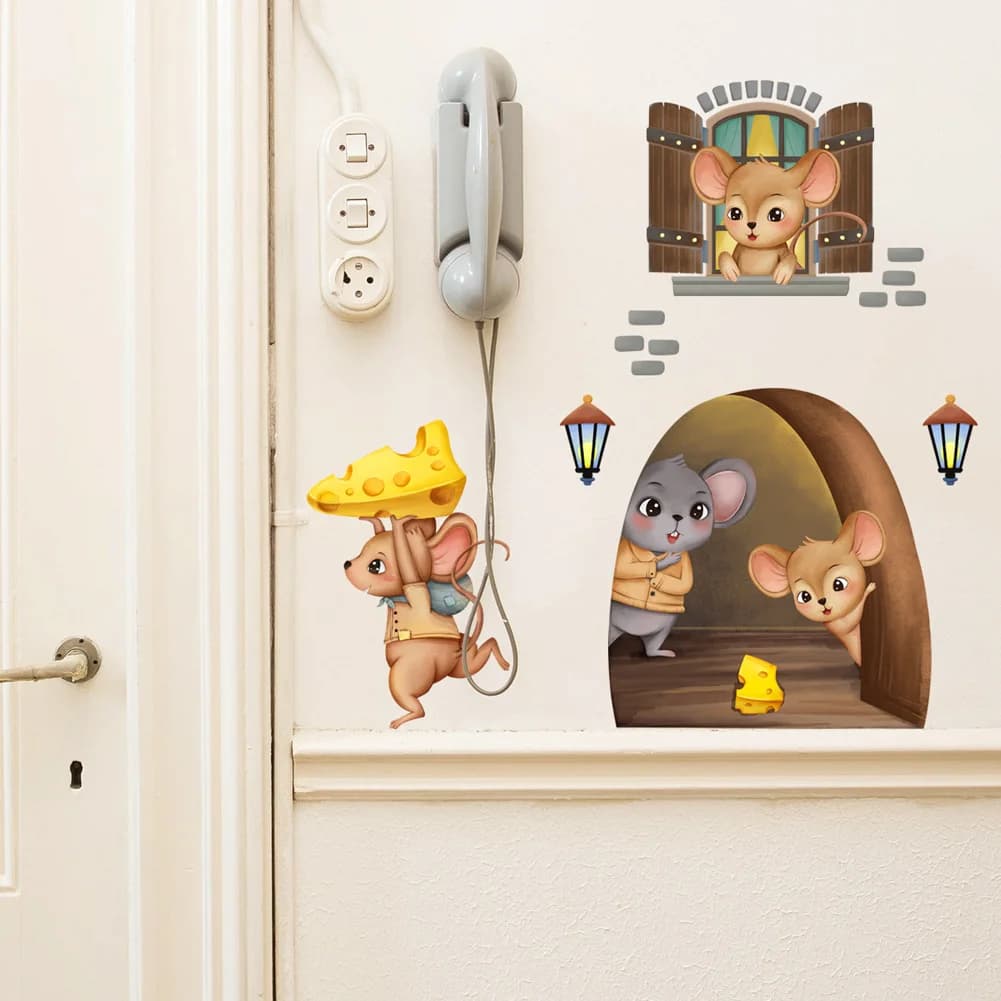 Autocollant mural de dessin animé petit trou de souris, pour décoration de chambre d'enfant, décorat