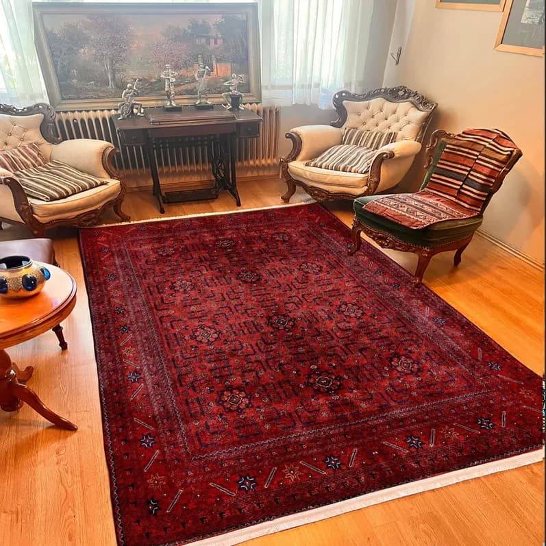 Tapis de style afghan rouge foncé, tapis traditionnel bohème texturé, tapis doux lavable, tapis anti