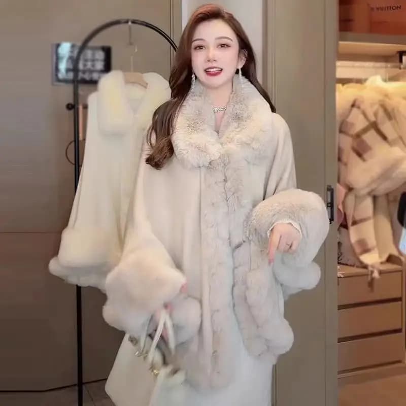 Poncho à col rabattu en fausse fourrure de lapin pour femme, Cape Outstreet, Manteau à manches chauv