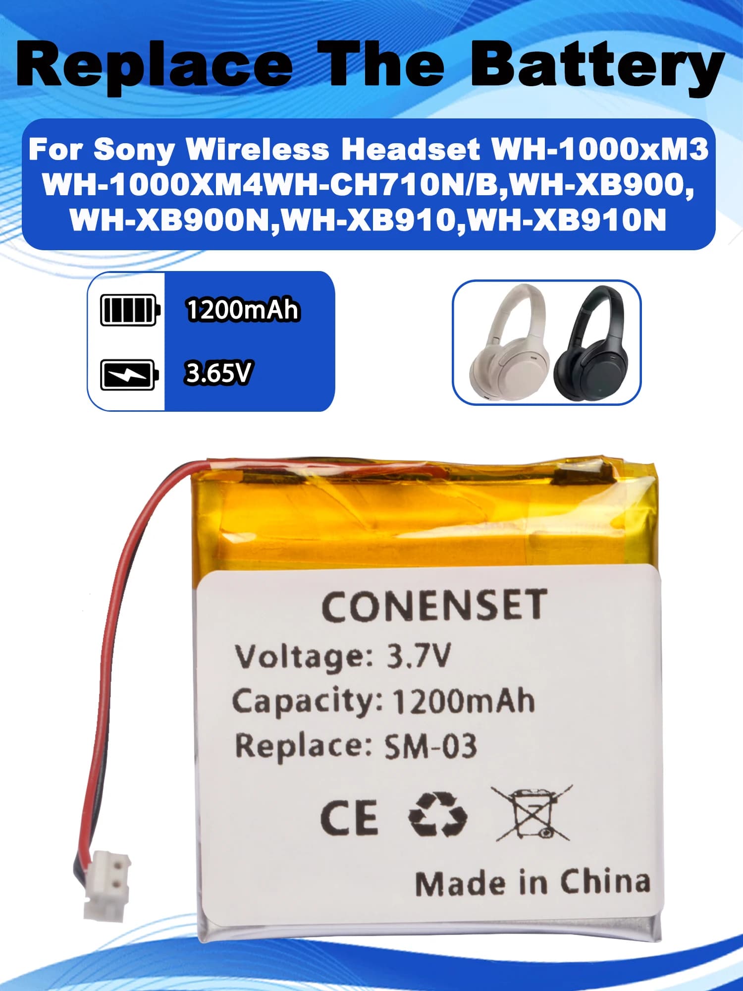 Batterie de remplacement 3.7V 1200mAh pour casque sans fil Sony WH-1000XM3 WH-1000XM4 WH-XB900 WH-XB