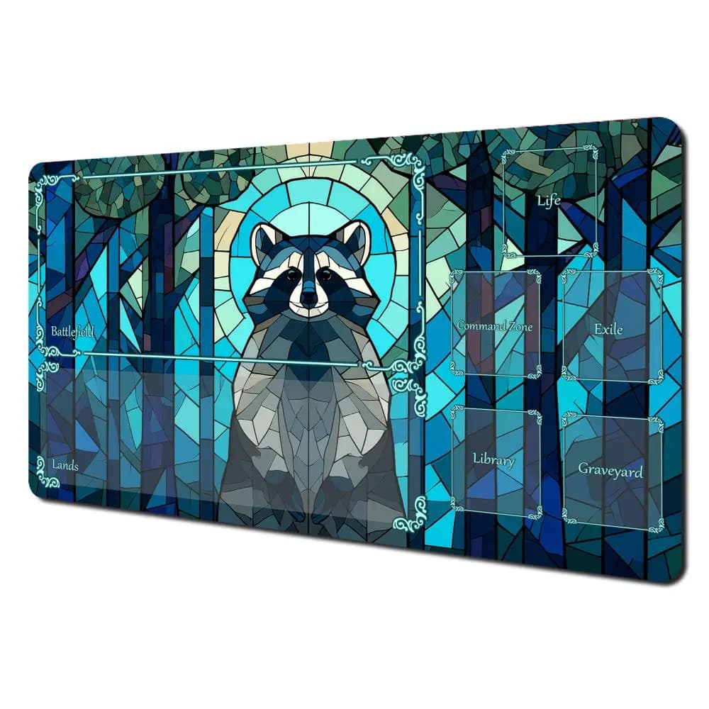 Tapis de jeu magique en forme de raton laveur, style verre coloré, tapis de jeu de combat avec zone 
