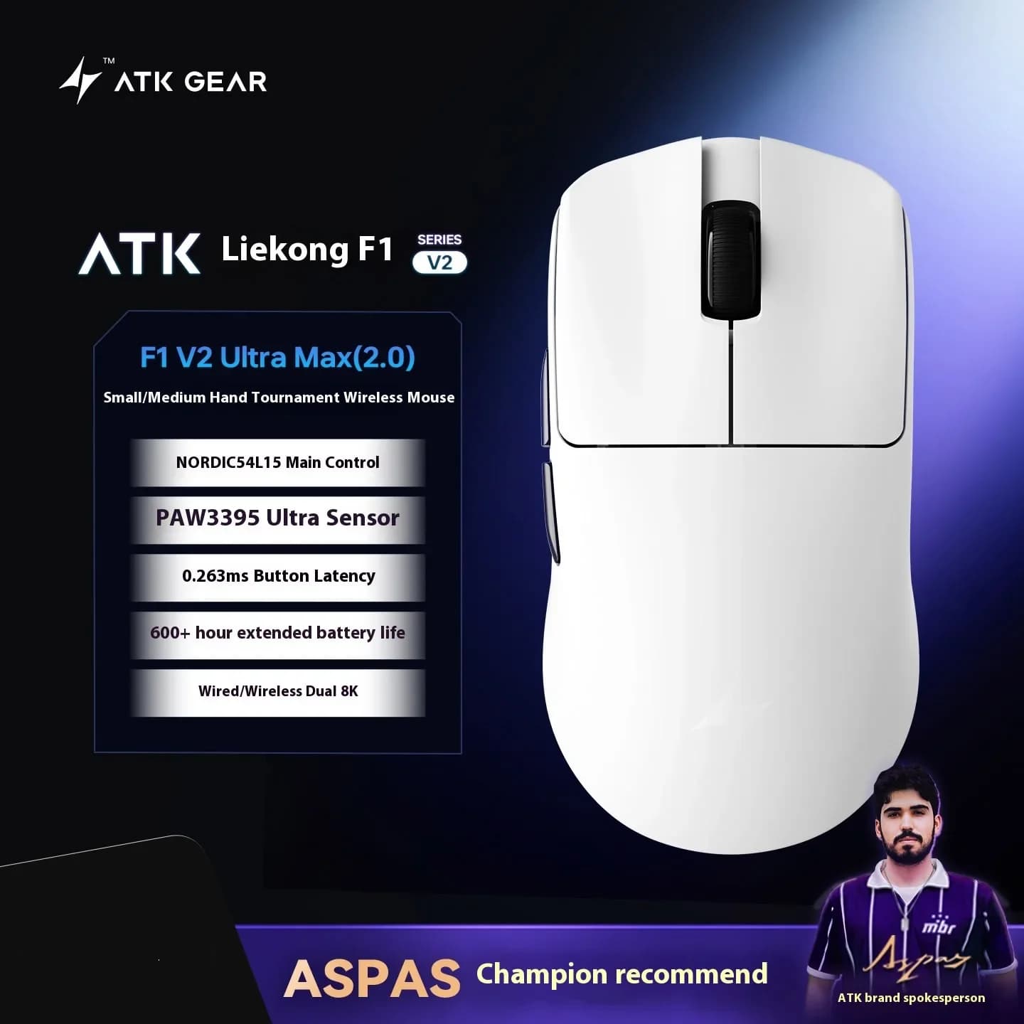 ATK F1V2 souris de jeu ergonomique légère longue durée de vie de la batterie double 8K personnalisé 