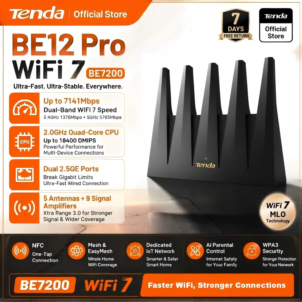 Routeur Tenda BE12 Pro WiFi 7 BE7200, Double Bande 7141Mbps, CPU Quad-Cœur 2.0GHz, Double Port 2.5GE