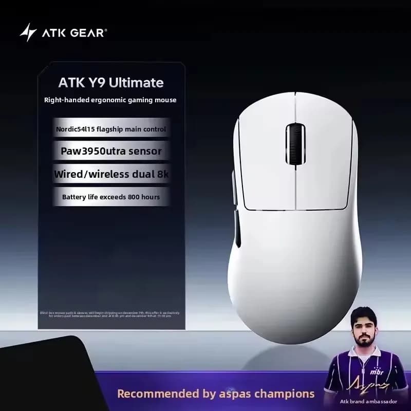 Souris de jeu sans fil ATK Y9 Ultimate Tri-Modèle pour droitier, double 8KHz, légère, PAW3950Ultra, 