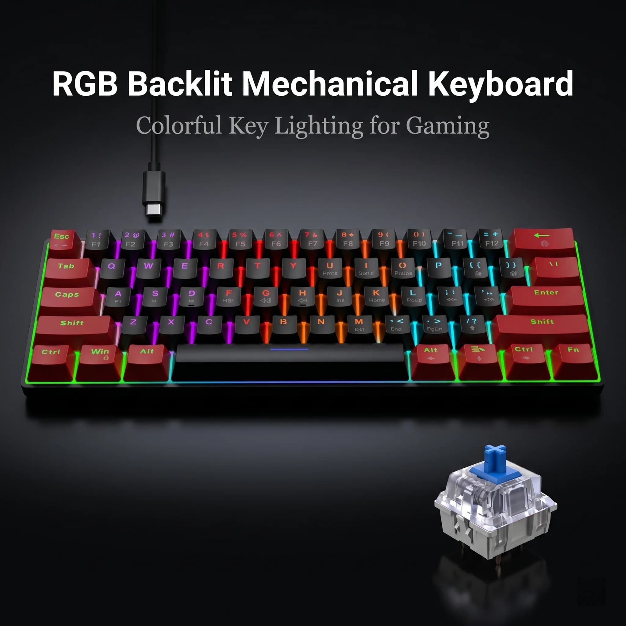 Clavier mécanique compact 61 touches, clavier gaming 60 % avec switches bleus et rétroéclairage colo