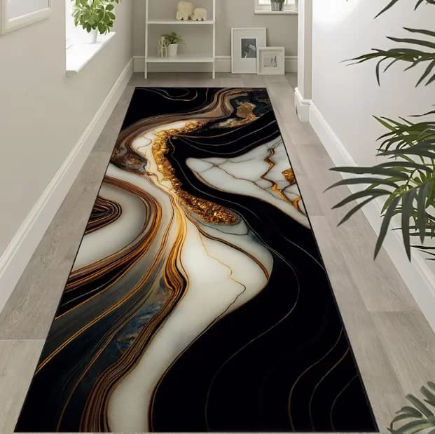 Tapis de couloir en marbre abstrait, noir et or, motif fluide moderne, décoration de salle de luxe p