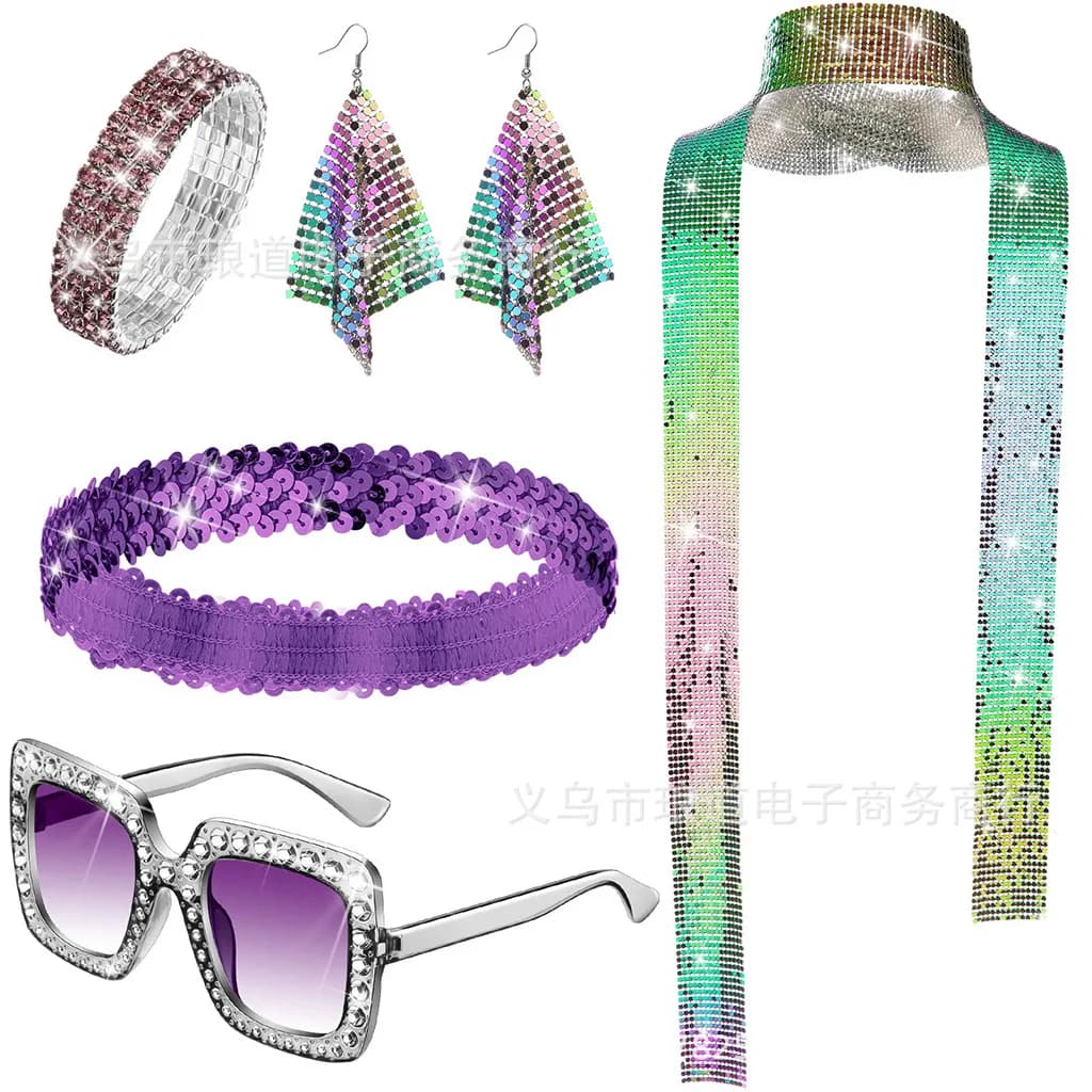 Ensemble de costumes Disco des années 1970, 6 pièces, accessoires Disco, écharpe et boucles d'oreill
