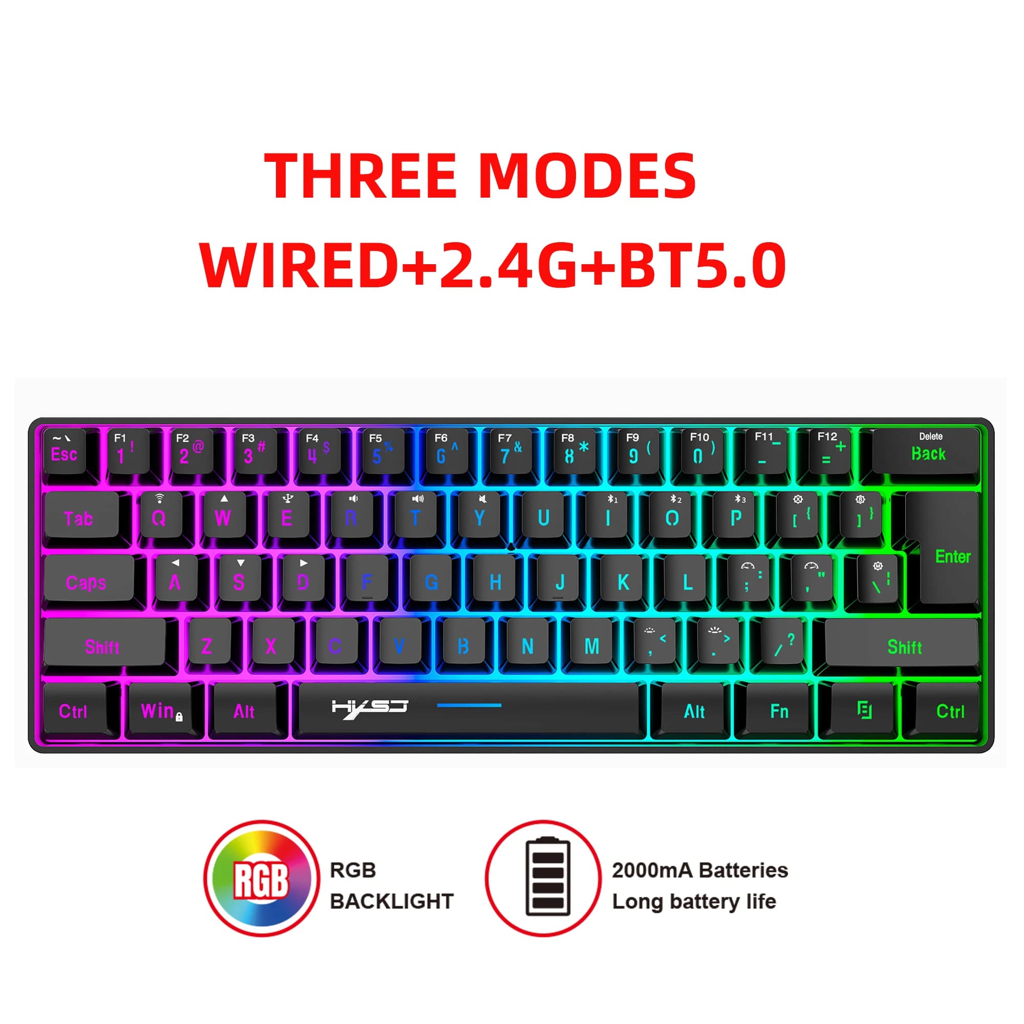 Clavier de jeu sans fil 60 % avec triple connectivité rétroéclairée RVB, clavier Bluetooth avec conc