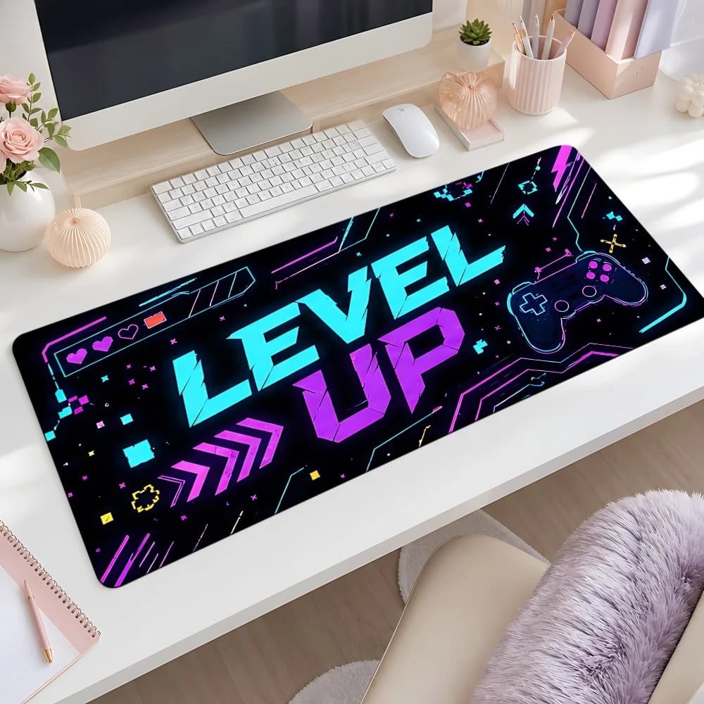 Tapis de souris de jeu LEVEL UP bleu et violet, antidérapant, accessoire de bureau pour souris, cont