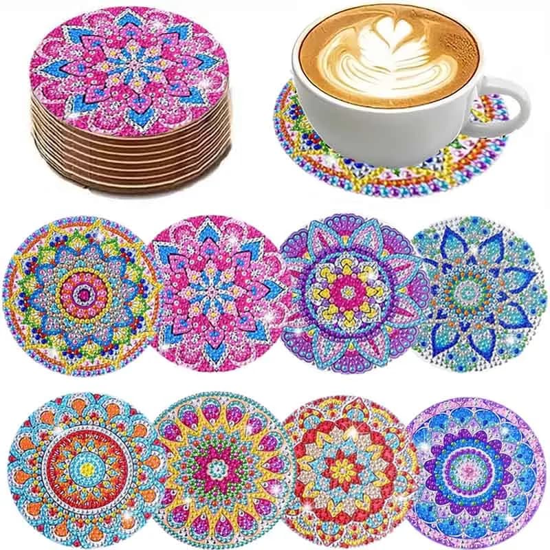 Ensemble de tapis de tasse en bois de peinture de diamant de bricolage de 8 pièces, tapis de tasse d