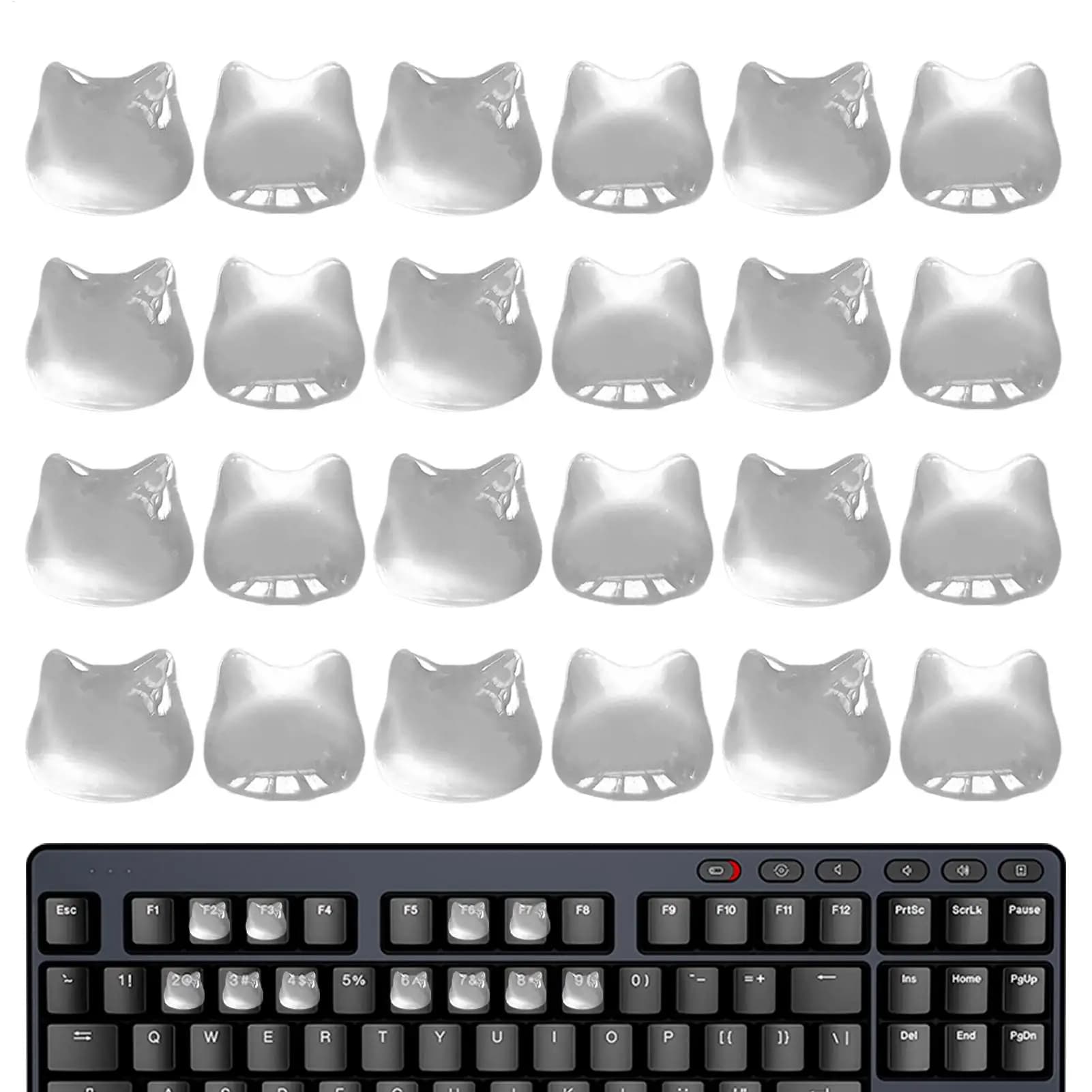 24 autocollants de clavier légers et transparents en forme de tête de chat, avec languettes surélevé