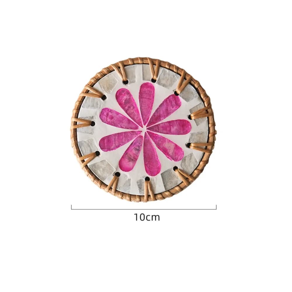 Sous-verre rond en coquillage de rotin de 10 cm, coloré, style bohème, pour table à manger