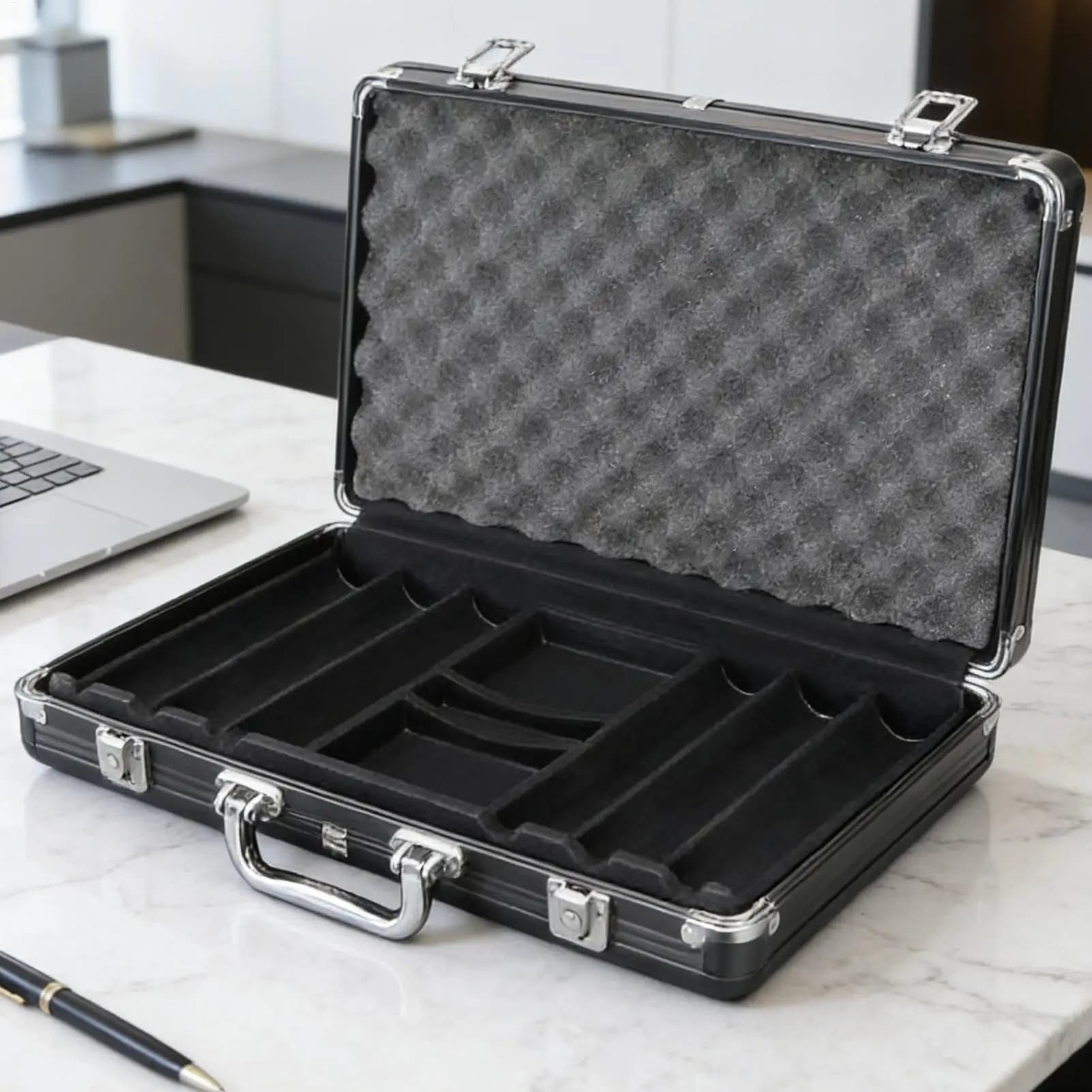 Boîte à jetons de poker, capacité de 300 pièces, en alliage d'aluminium, noir mat, étui de transport