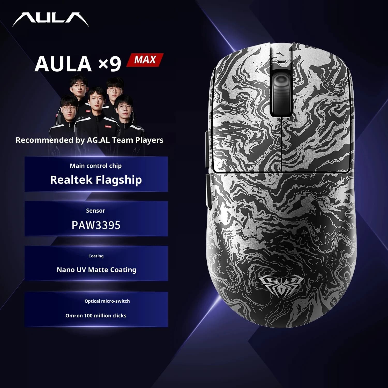 Souris de jeu AULA X9 Max Ultra sans fil, tri-mode, légère, double 8KHz, 500mAh, PAW3950, ergonomiqu