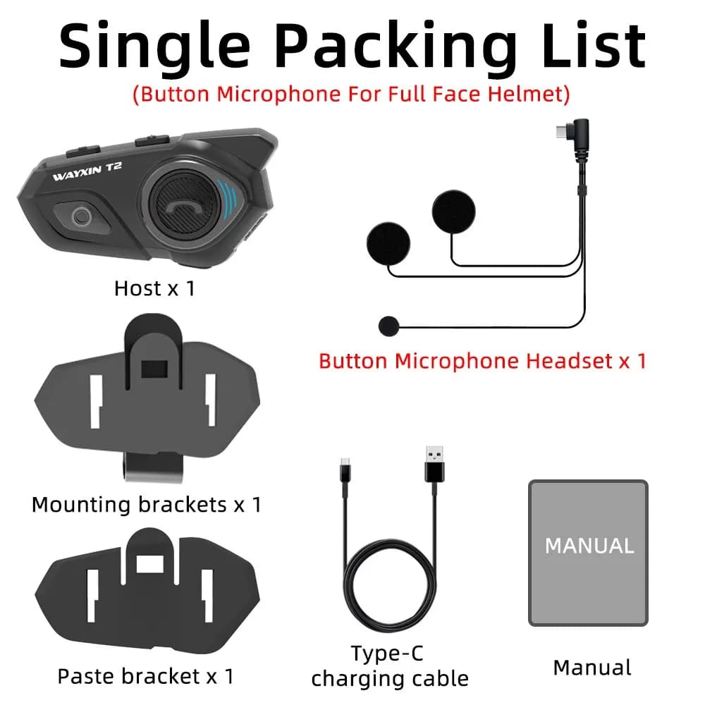 WAYXIN Casque T2 Moto Bluetooth Interphone Pour 2 Cavalier 300M Intercomunicador Moto Interphone BT 