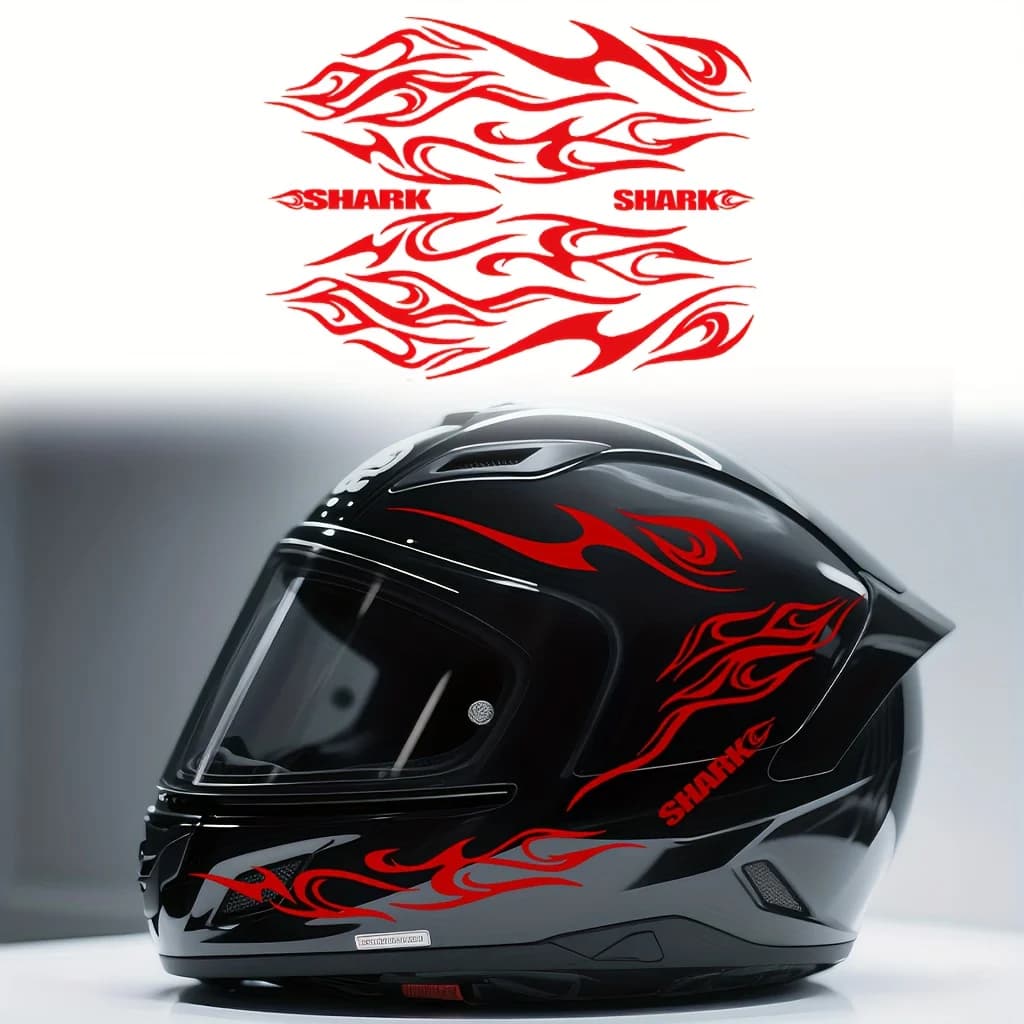 Ensemble d'autocollants pour casque de moto à texture de flamme rétro 8 en 1 avec lettres "Shark"