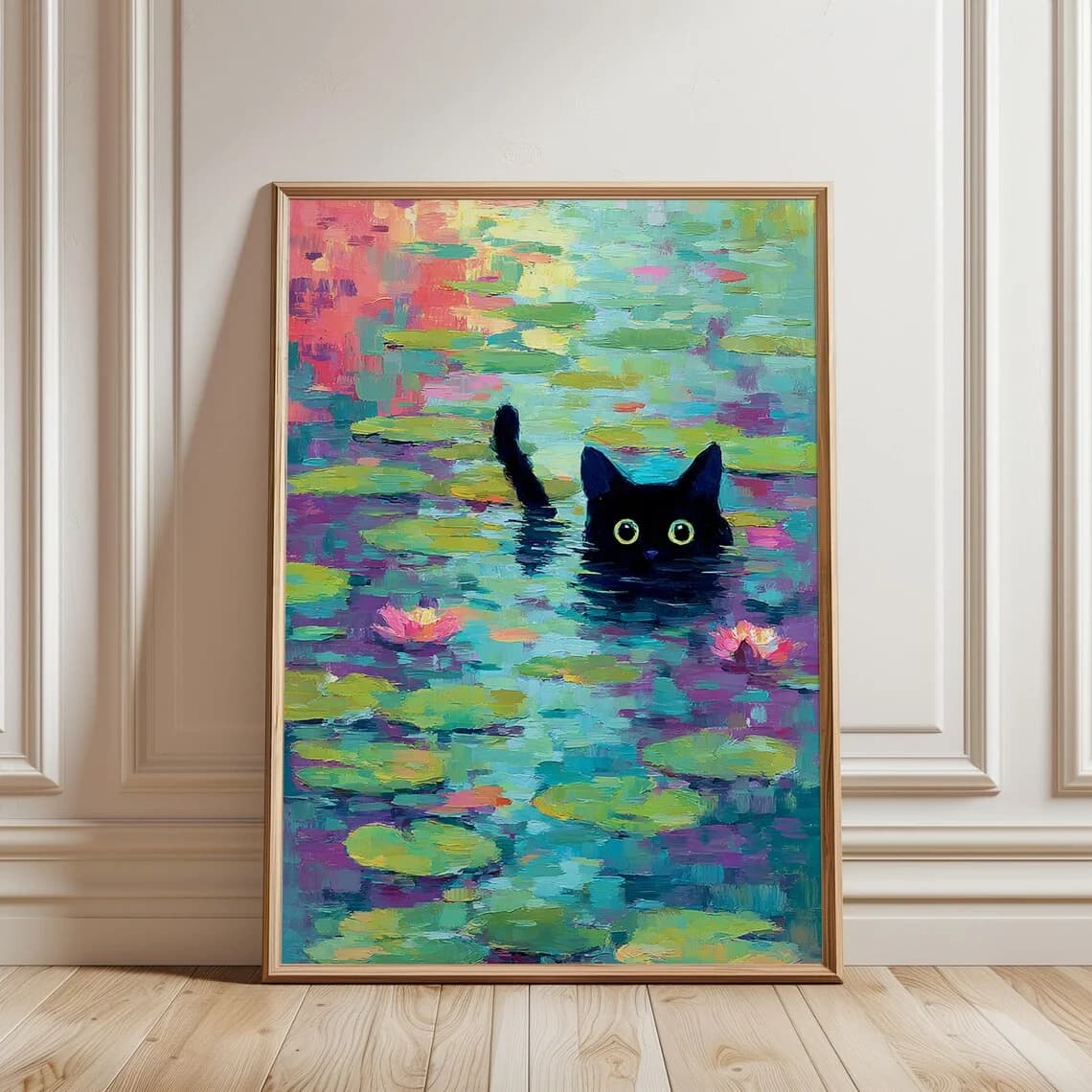 Monet Waterlily Cat Print, Claude Monet Cat Poster, Art de chat, Impression florale, Art mural, Déco