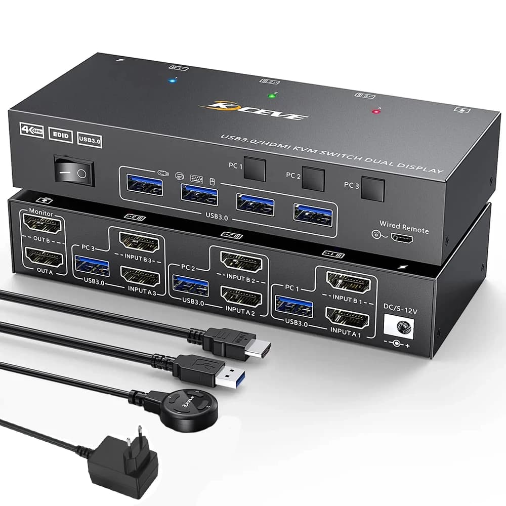 Commutateur KVM HDMI 2 moniteurs 3 ordinateurs 4K @ 60Hz, Simulation EDID, commutateur KVM double mo