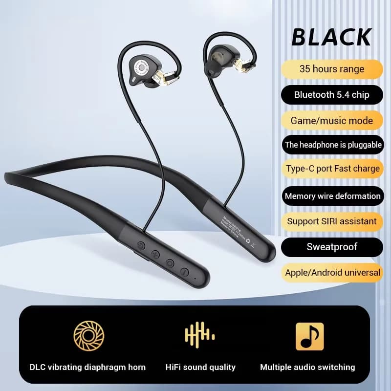 Écouteurs sans fil Bluetooth 5.4 à porter autour du cou, double mode, réduction de bruit, étanches, 