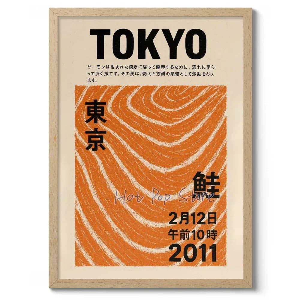 Affiche Murale Graphique Japonaise Tokyo Salmon Art 1980, Poster Poisson Sushi sur Toile, Décoration