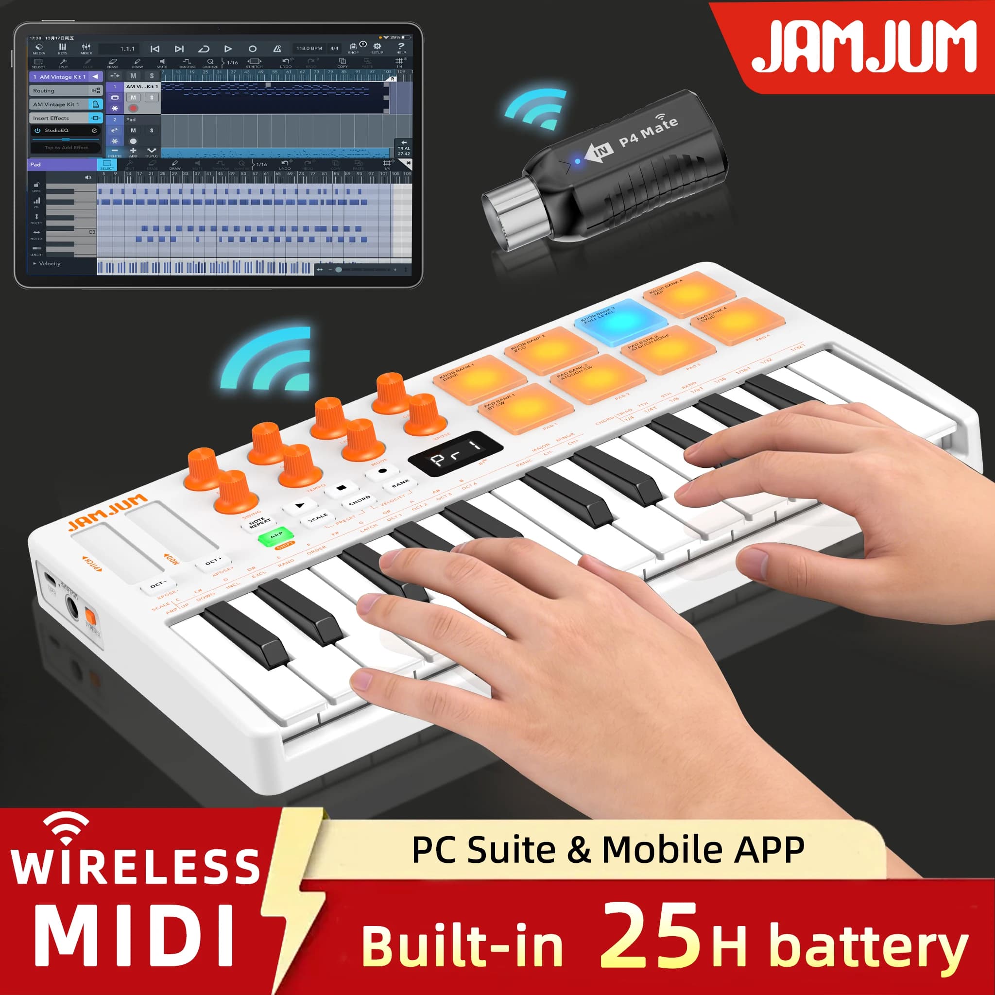 Clavier MIDI JAMJUM 25 touches avec récepteur MIDI sans fil, 8 pads rétroéclairés RGB personnalisabl