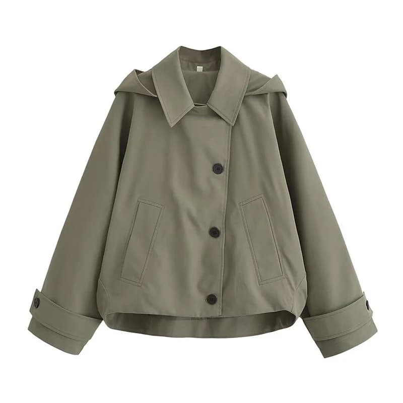 Trench-Coat à manches chauve-souris pour femme, revers, capuche, simple boutonnage, couleur unie, ve