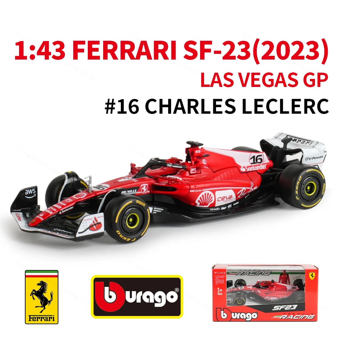 Bburago 1:43 2023 Ferrari SF23 Las Vegas # 16 # Voiture de formule de course 55 F1, Simulation stati
