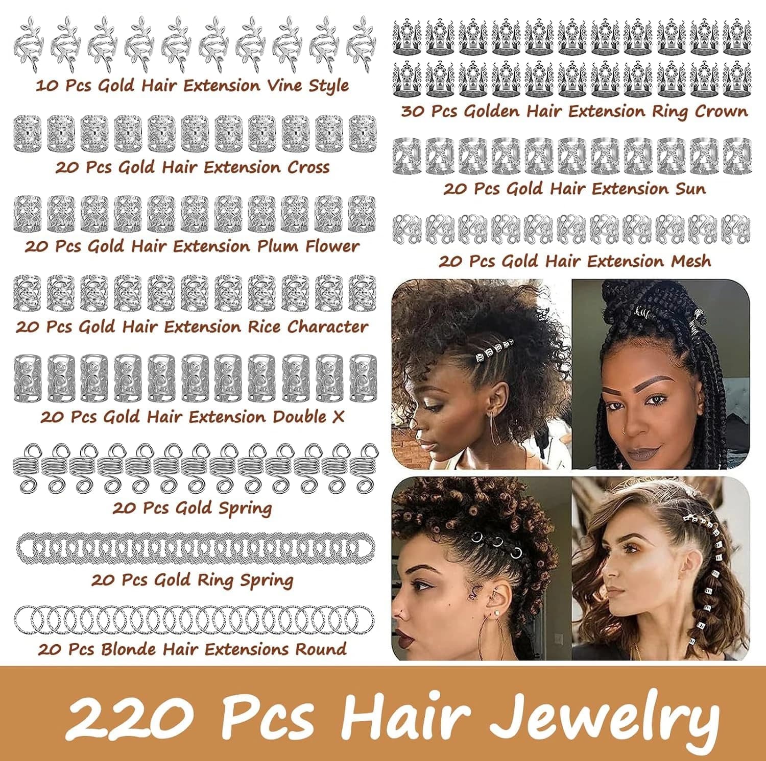220 pièces accessoires de cheveux, bijoux Loc pour tresses, bijoux de cheveux pour femmes pour acces
