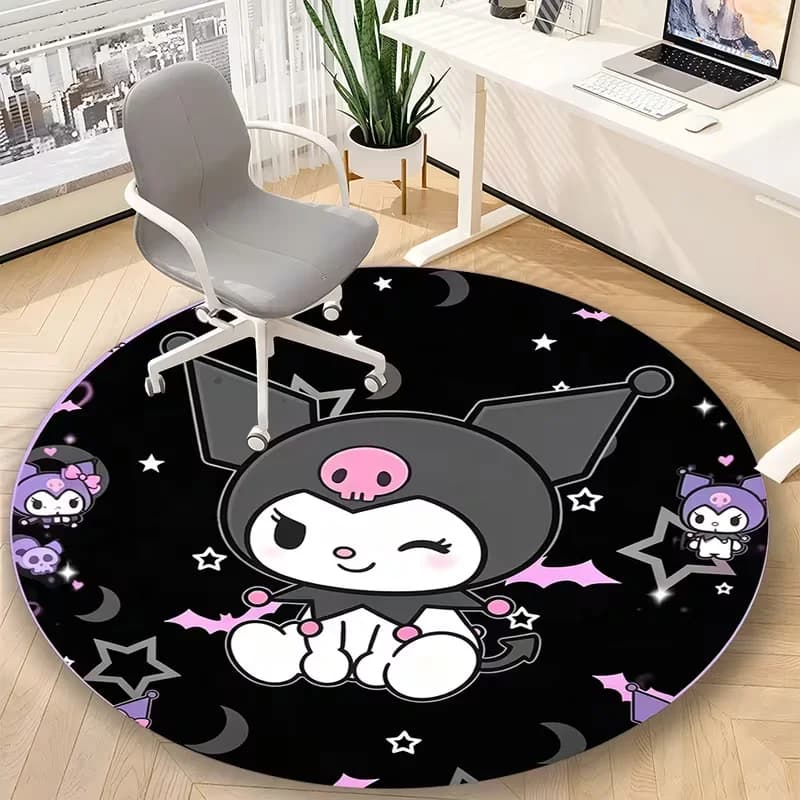 Tapis rond antidérapant doux et mignon Kuromi noir étoile lune chauve-souris crâne, tapis décoratif 
