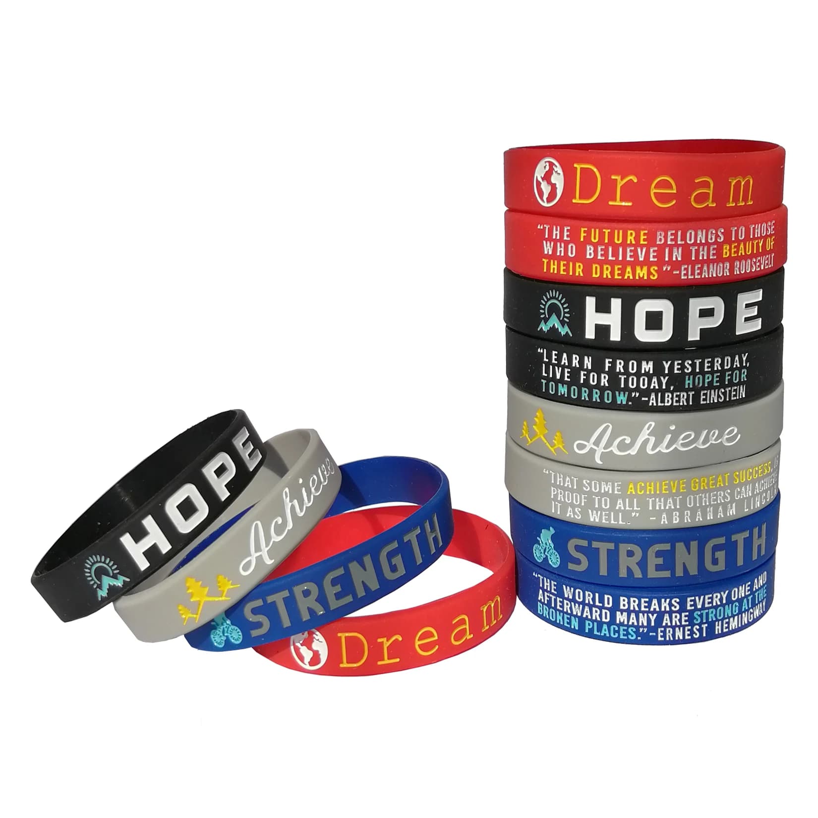 (Pack de 12) Bracelets en silicone avec citations inspirantes : Rêve, Espoir, Réussite, Force, Cadea