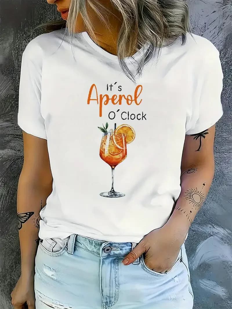 Aperol O'Clock imprimé femmes col rond T-Shirt décontracté à manches courtes lettre imprimer printem