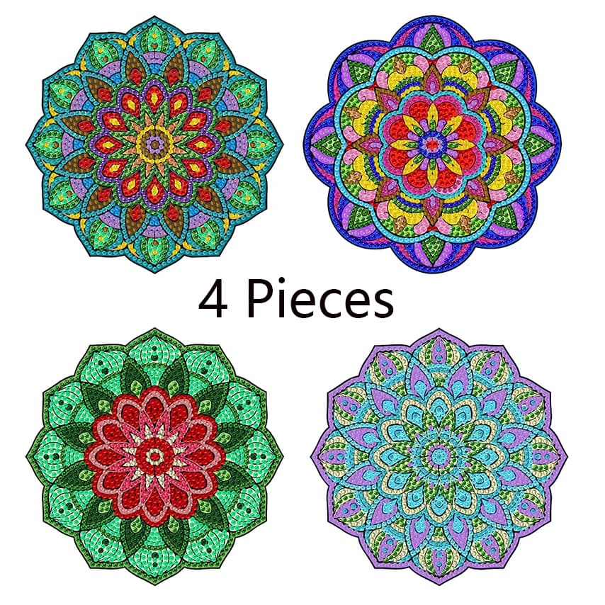 Ensemble de napperon peint en bois à motifs colorés de 4 pièces, tapis de table isolé en cristal de 