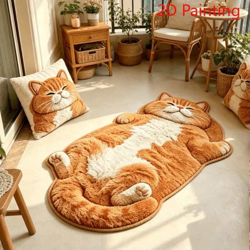 Tapis en forme de chat orange paresseux, ambiance ludique, décoration créative de la maison, tapis e