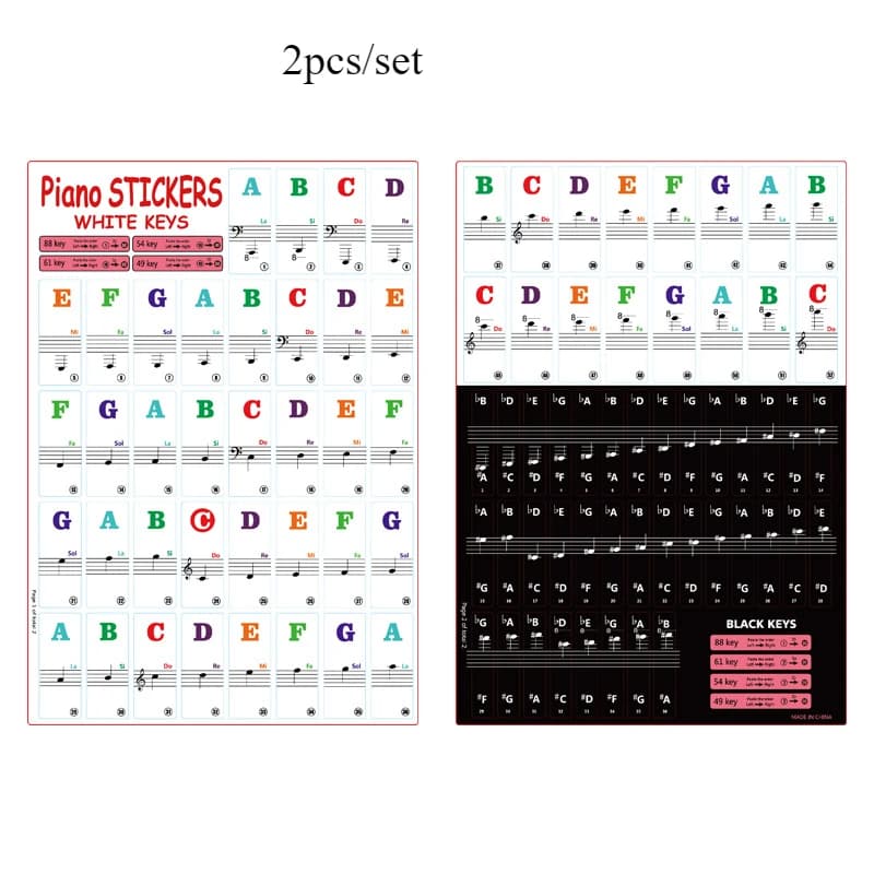 2 jeux d'autocollants pour clavier de piano, 88/61/54/49 touches avec étiquettes de notes colorées a