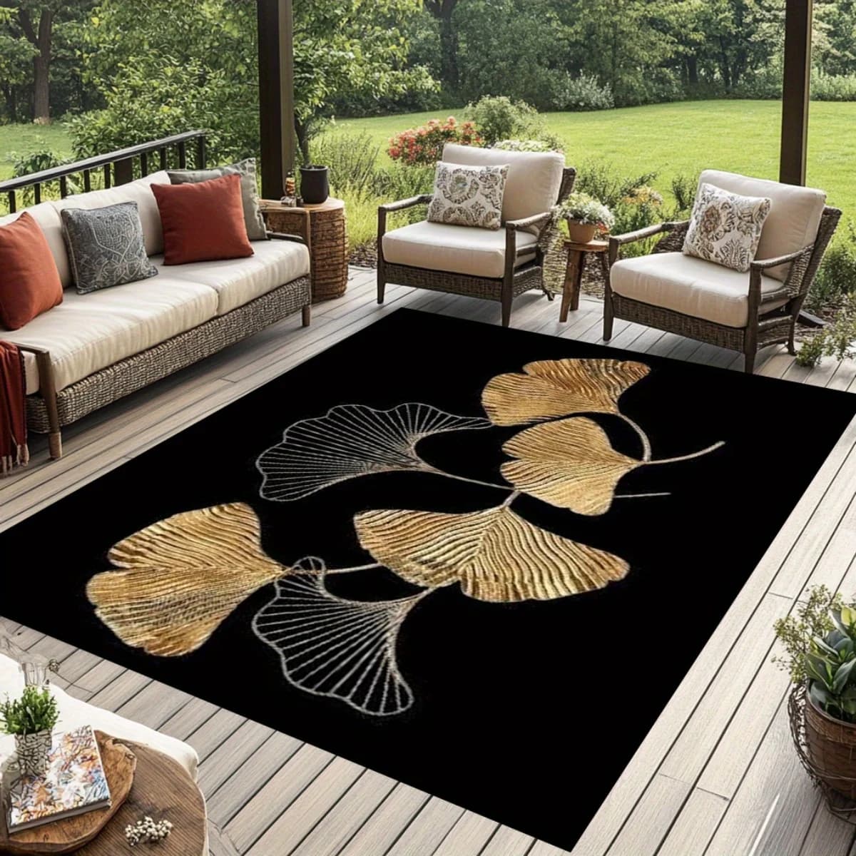 Tapis en flanelle imprimé feuille de ginkgo, motif or et argent, tapis en polaire doux, tapis d'exté