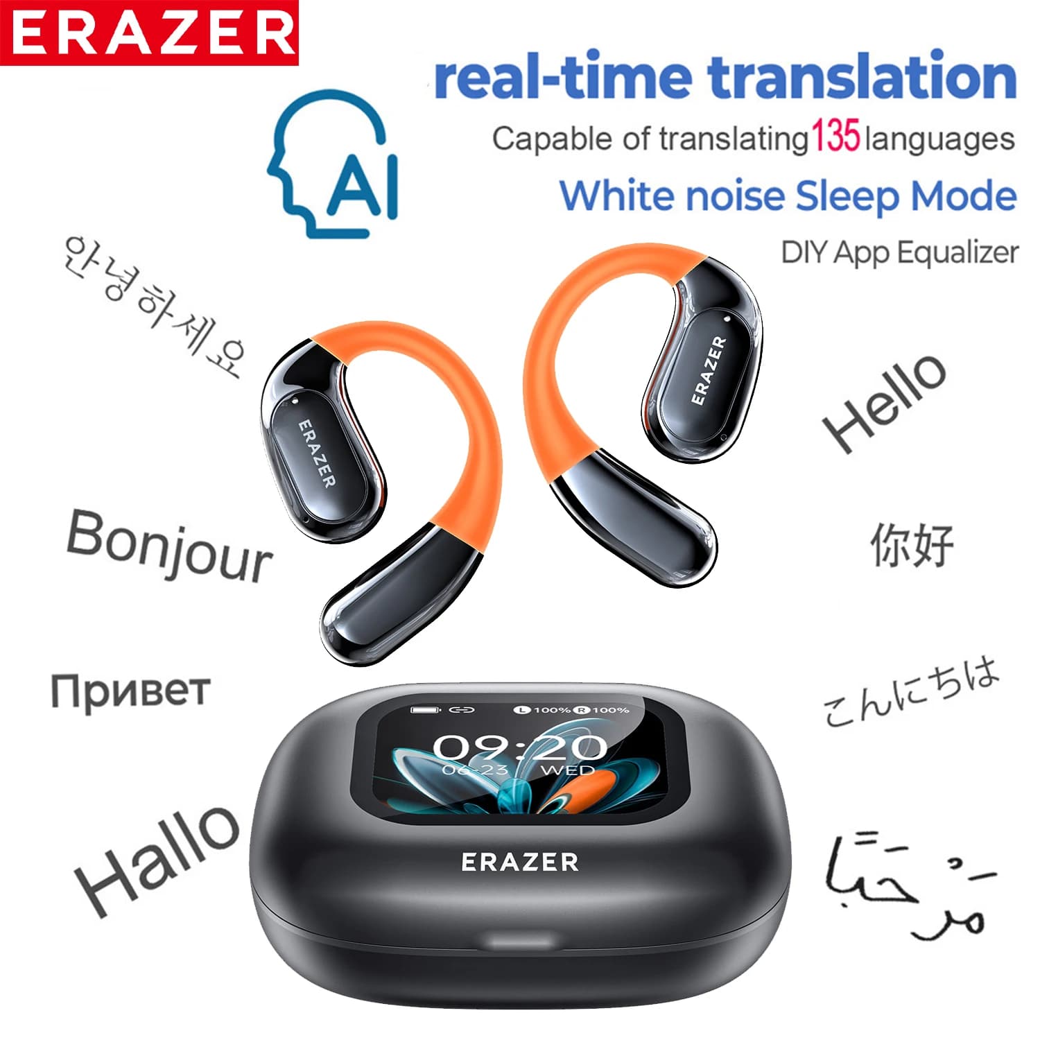 HTC NE27 casque sans fil Bluetooth 5.4 AI traducteur écouteurs brillant tour d'oreille amélioré LCD 