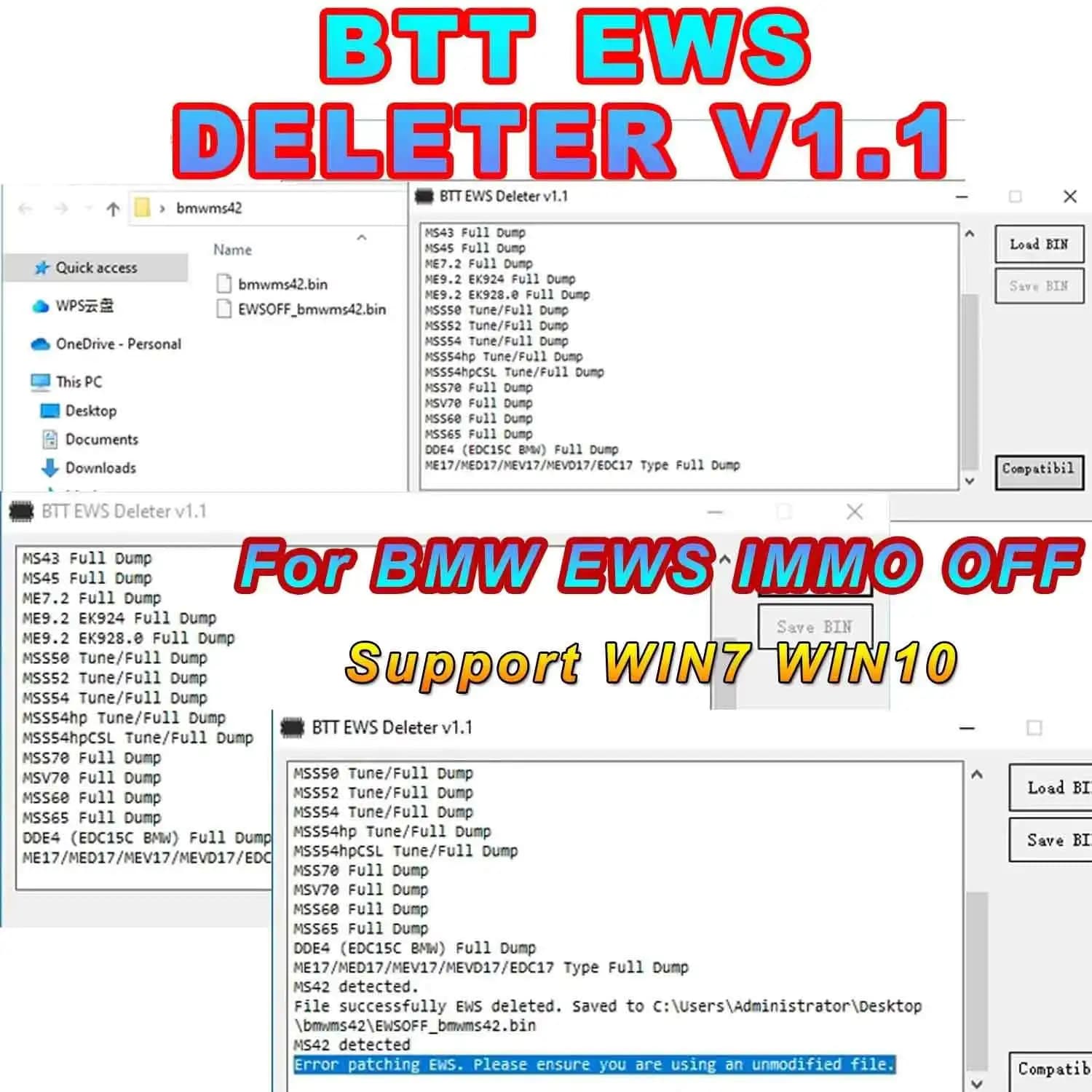 BTT EWS supprimer V1.1 + Enigma Patcher v1.3 désactiver facilement IMMO Support MS41-45 ME7.2 ME9.2 