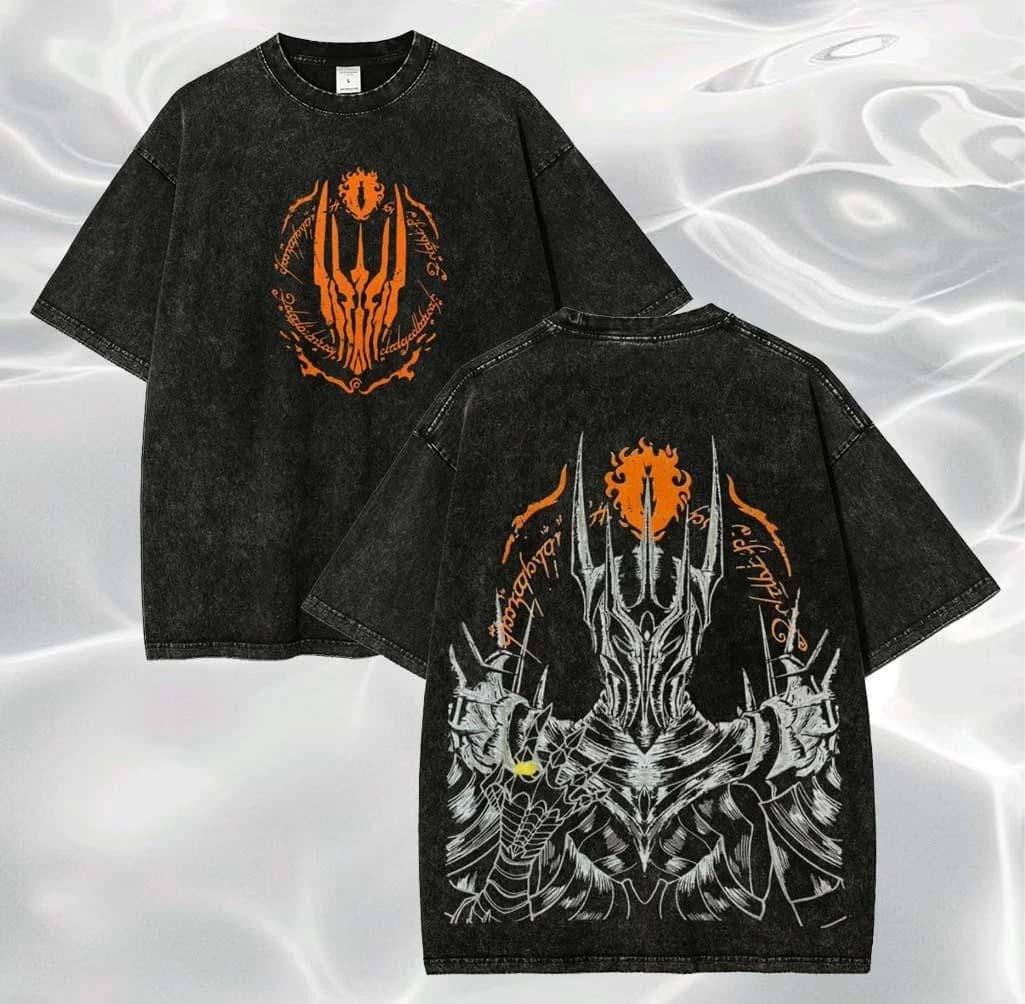 T-shirt Sauron le Seigneur Noir, style vintage délavé, coupe oversize, streetwear Y2K, chemise fanta