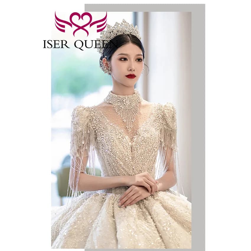 Robe de mariée de luxe personnalisée, nouvelle tendance 2026, pour femme, col montant, manches à fra