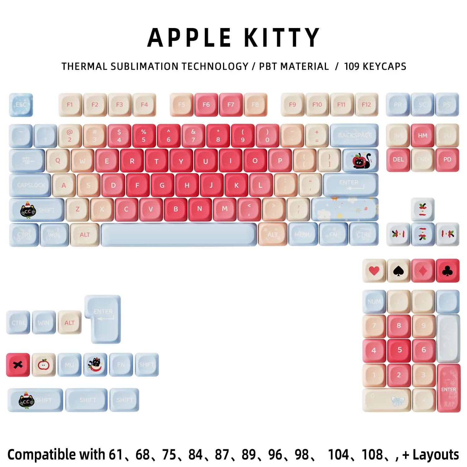 Capuchons de touches mignons sur le thème de la pomme et du chat pour claviers mécaniques, capuchons