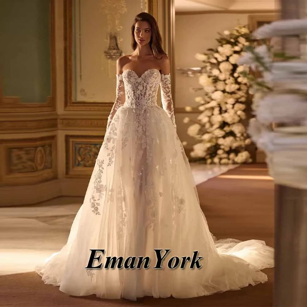 EmanY Robe De mariée fantaisie pour mariée avec Appliques hors De l'épaule a-ligne bouton Tulle Robe